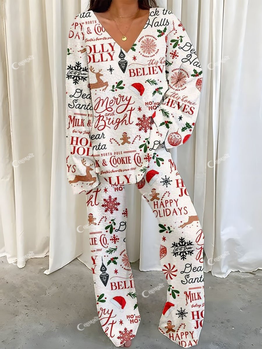 Women's Retro Christmas Text Elk Print V-Neck Polar Fleece Suit