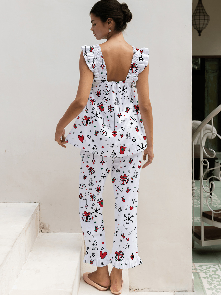 White & Multicolor Ditsy FloralTank Top Pajama Set