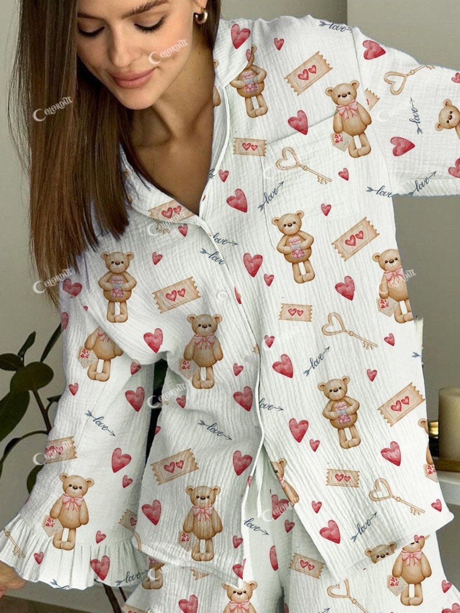 Women's Valentine's Day Bear Heart Pattern Ruffled Long Sleeve Pants Set