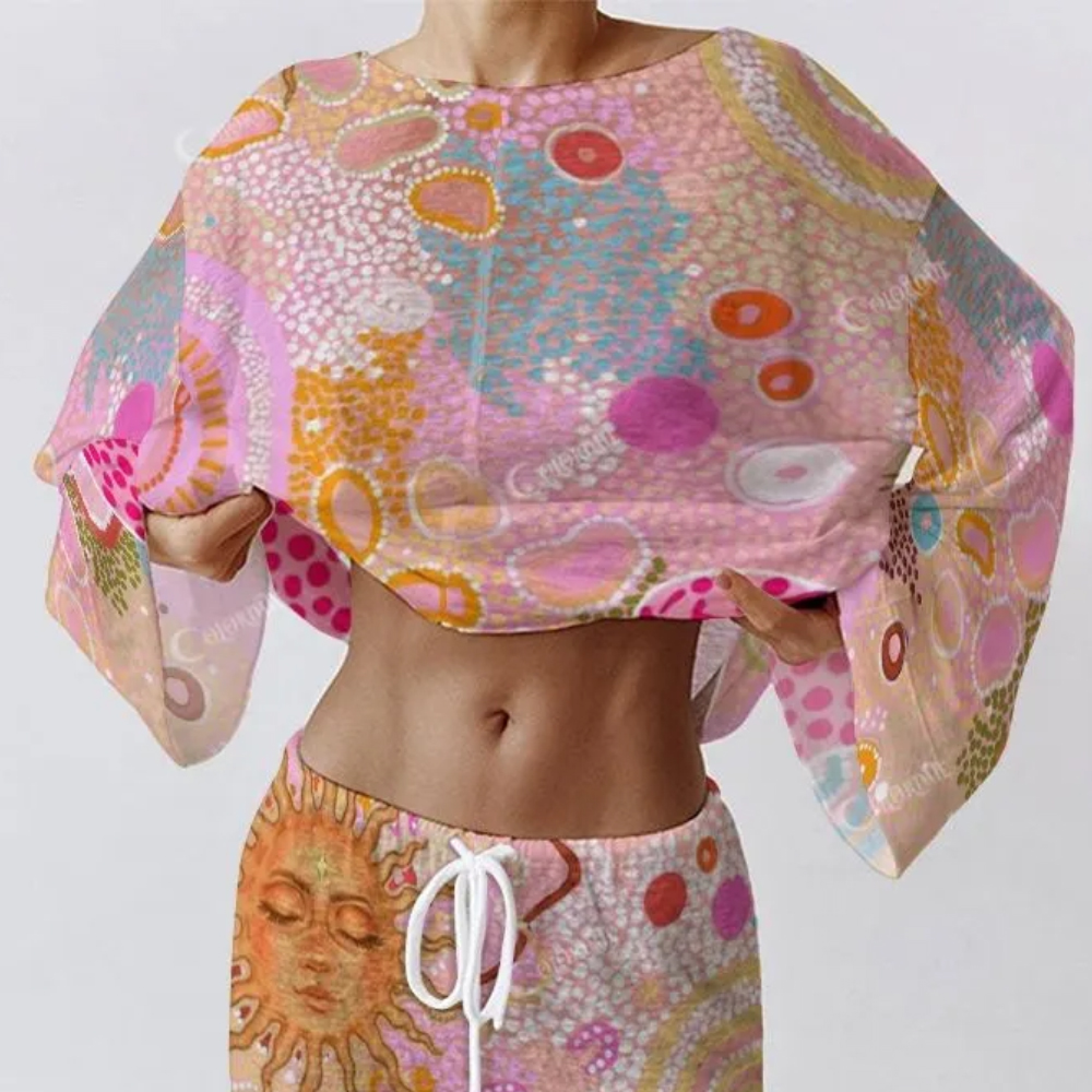 Colordate Women's Sun And Pink Leopards Print Long Sleeve Cotton Homewear Set