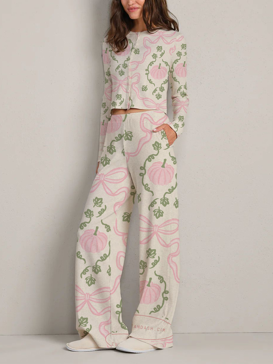 Colordate Women's Cream Pajamas with Pink Pumpkin and Bow Print Long Sleeve Suit
