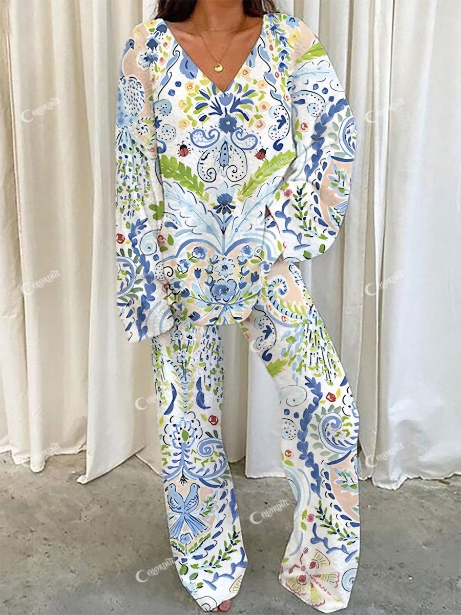 Women's Bohemian Art Print V-Neck Suit