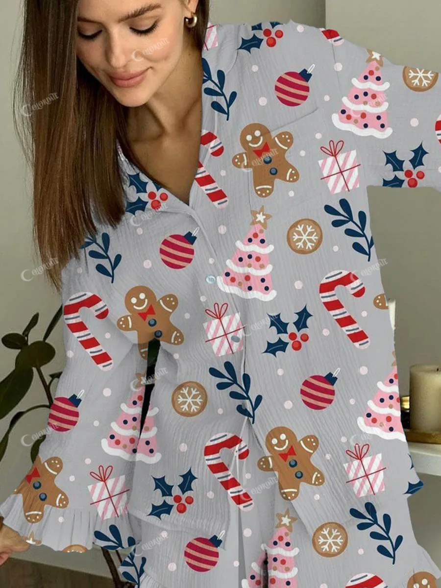Women's Gray Christmas Gingerbread Man Cartoon Print Linen Cotton Suit