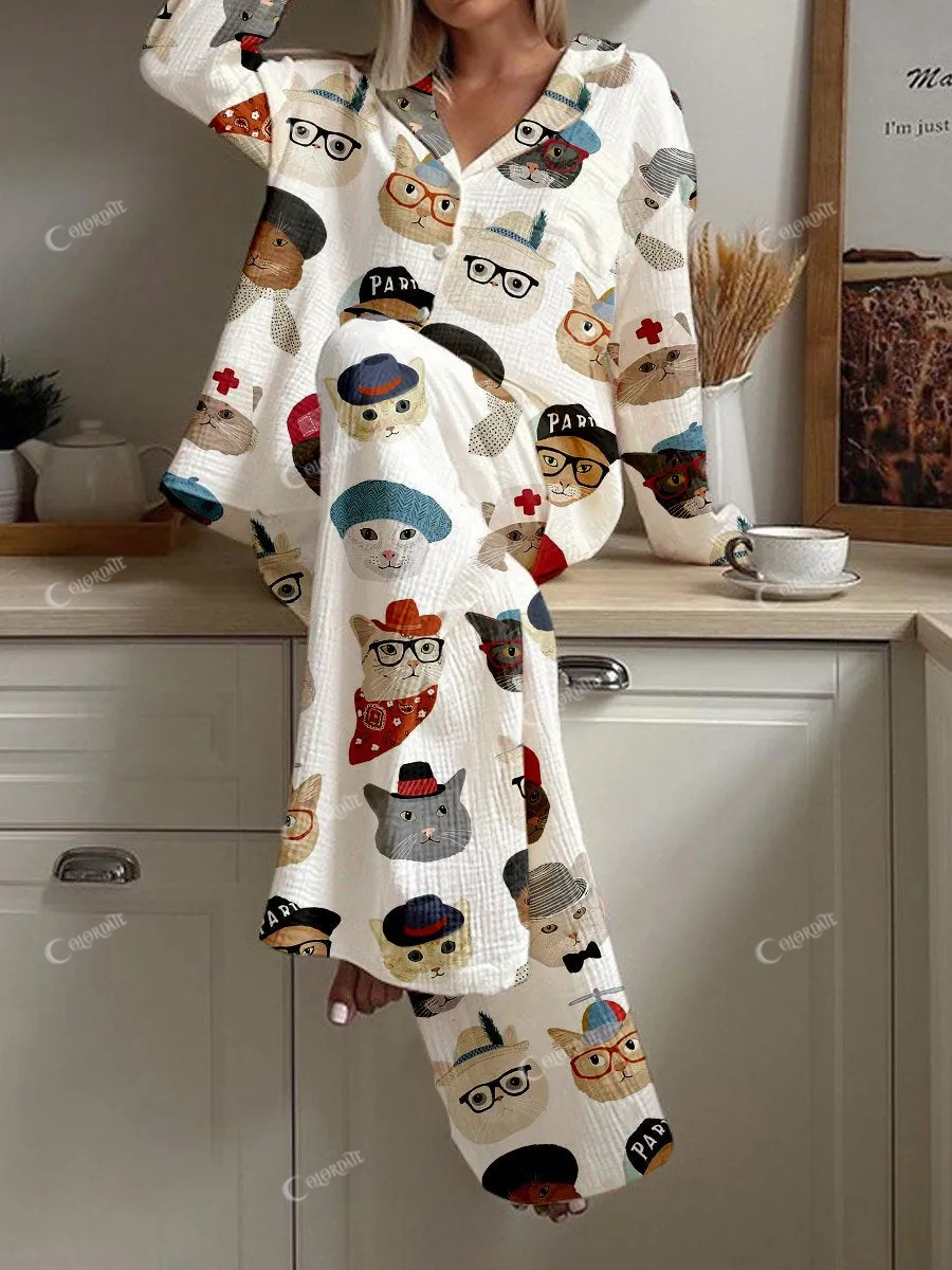 Women's Various Occupation Cat Print Cardigan Homewear Set