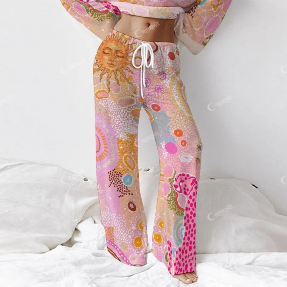 Colordate Women's Sun And Pink Leopards Print Long Sleeve Cotton Homewear Set