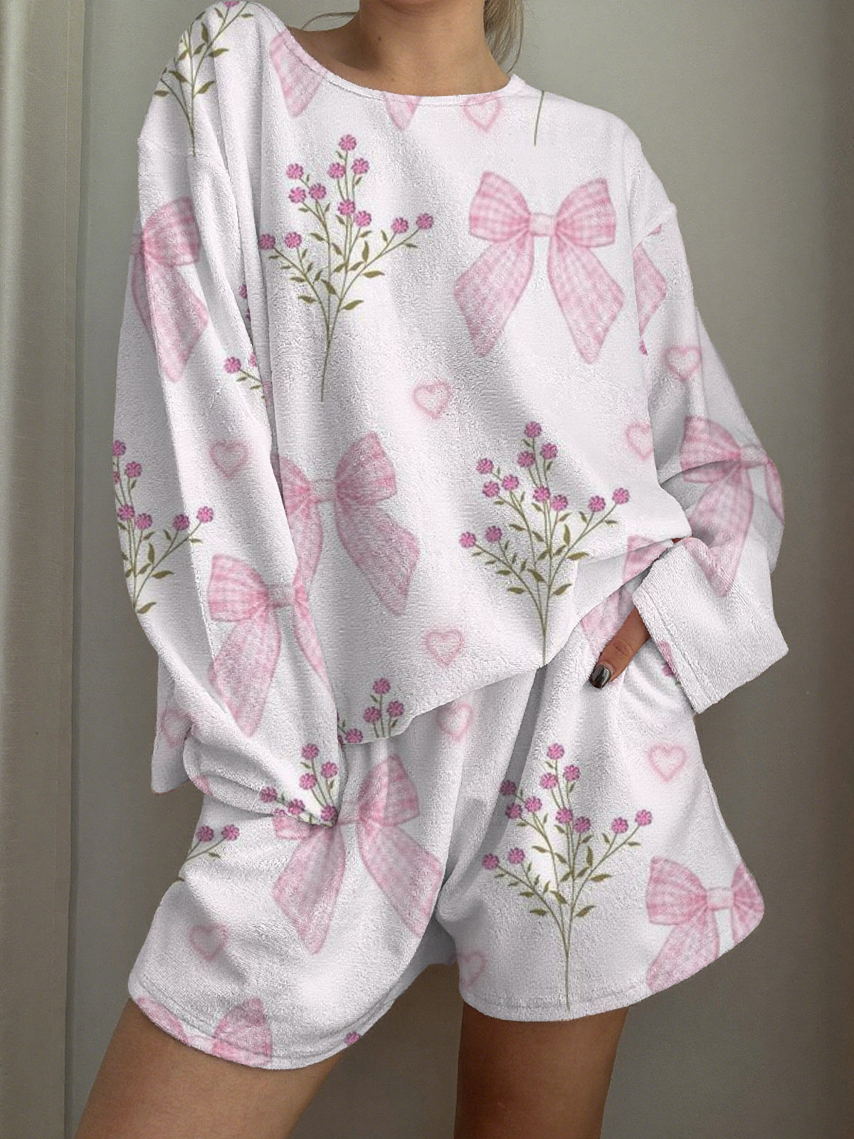 Plaid Bow Flower Printed Long-Sleeved Shorts Loungewear Set