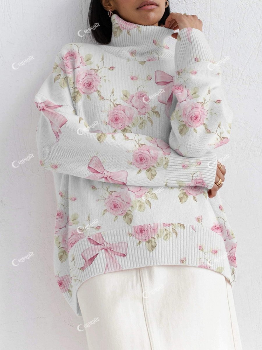 Women's Pink Bow Flower Loose Long Sleeve Top