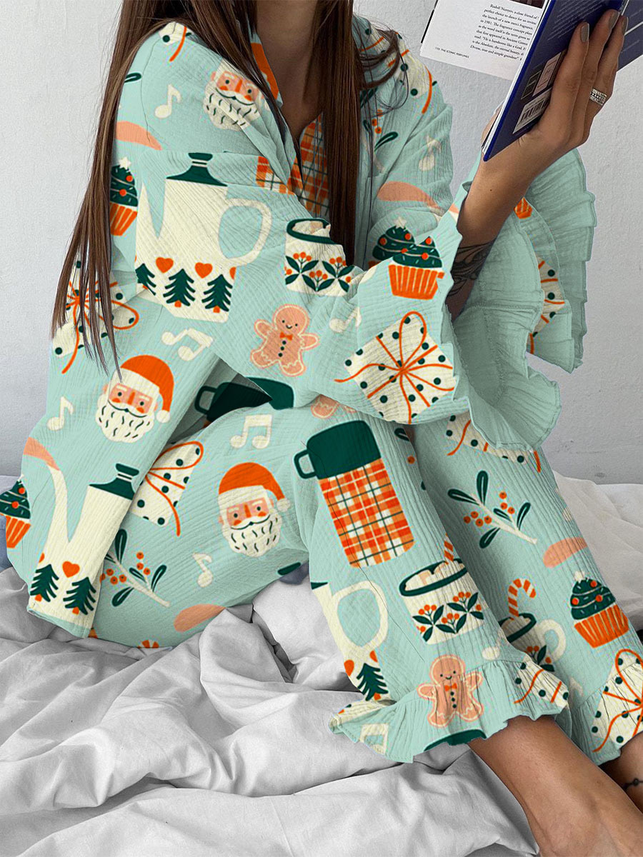 Women's Blue Christmas Art Painting Fun Print Home Long Sleeve Suit