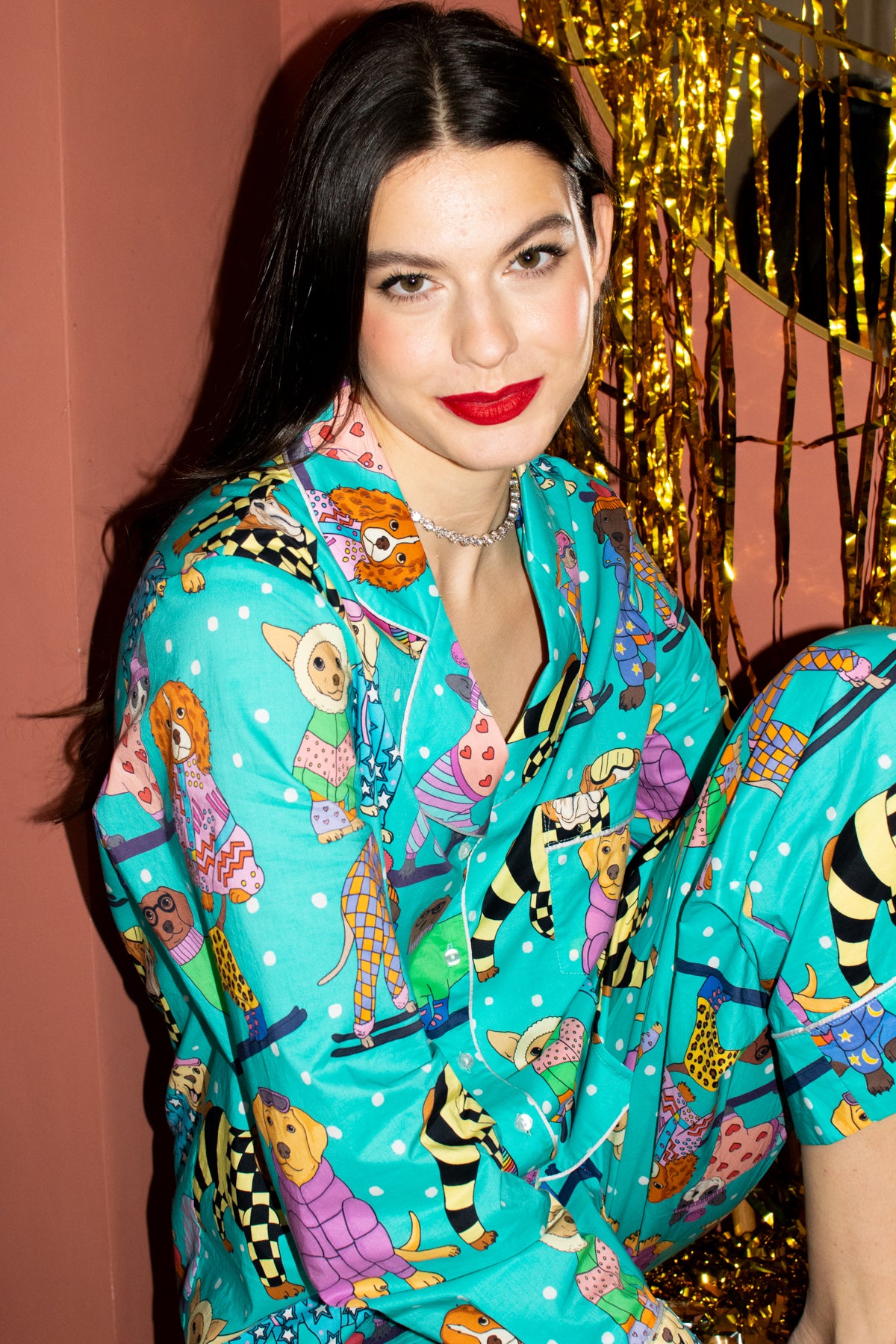 Women's Lapel Cute DOG Print Long Sleeve Pajama Set