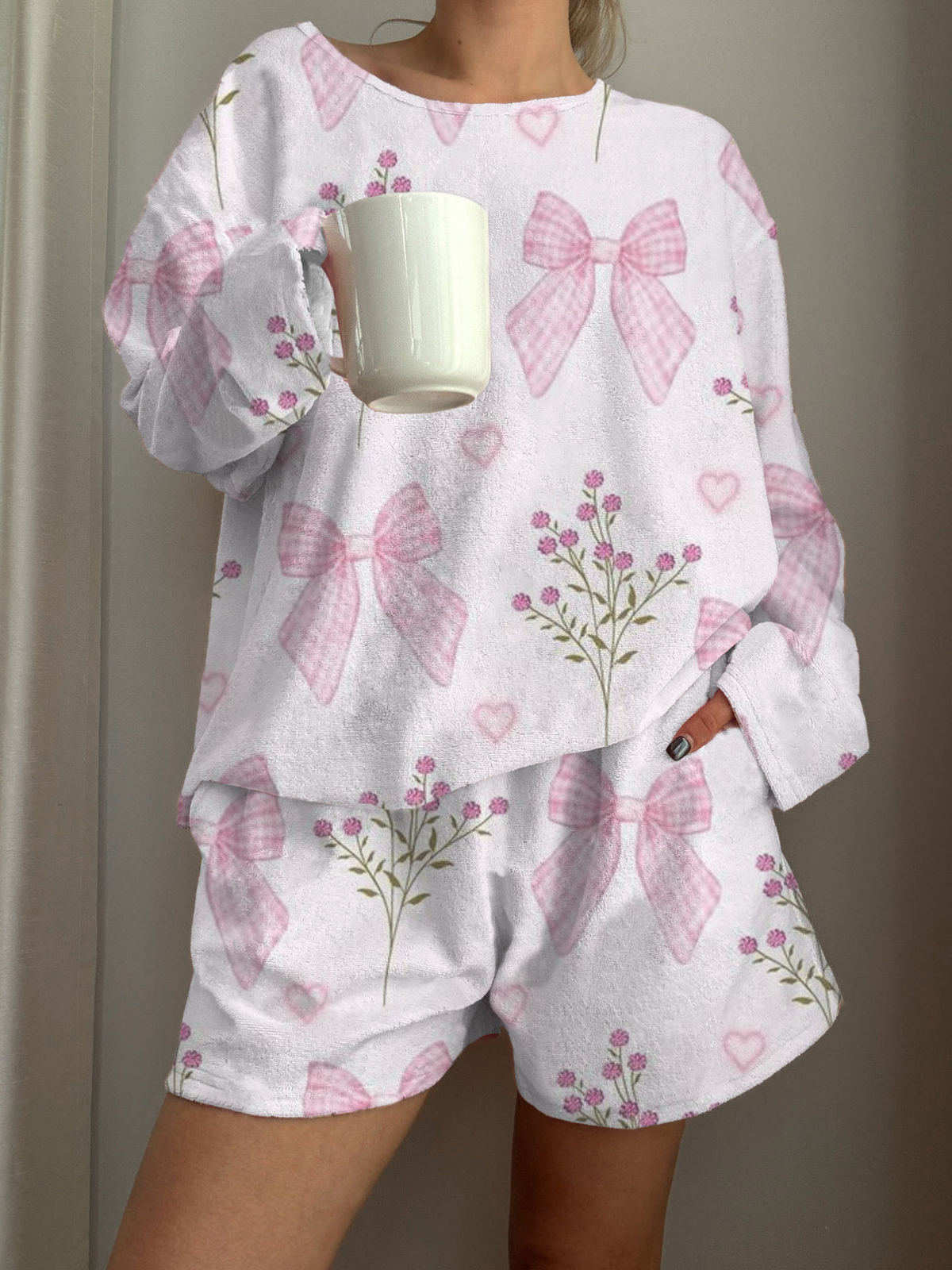 Plaid Bow Flower Printed Long-Sleeved Shorts Loungewear Set