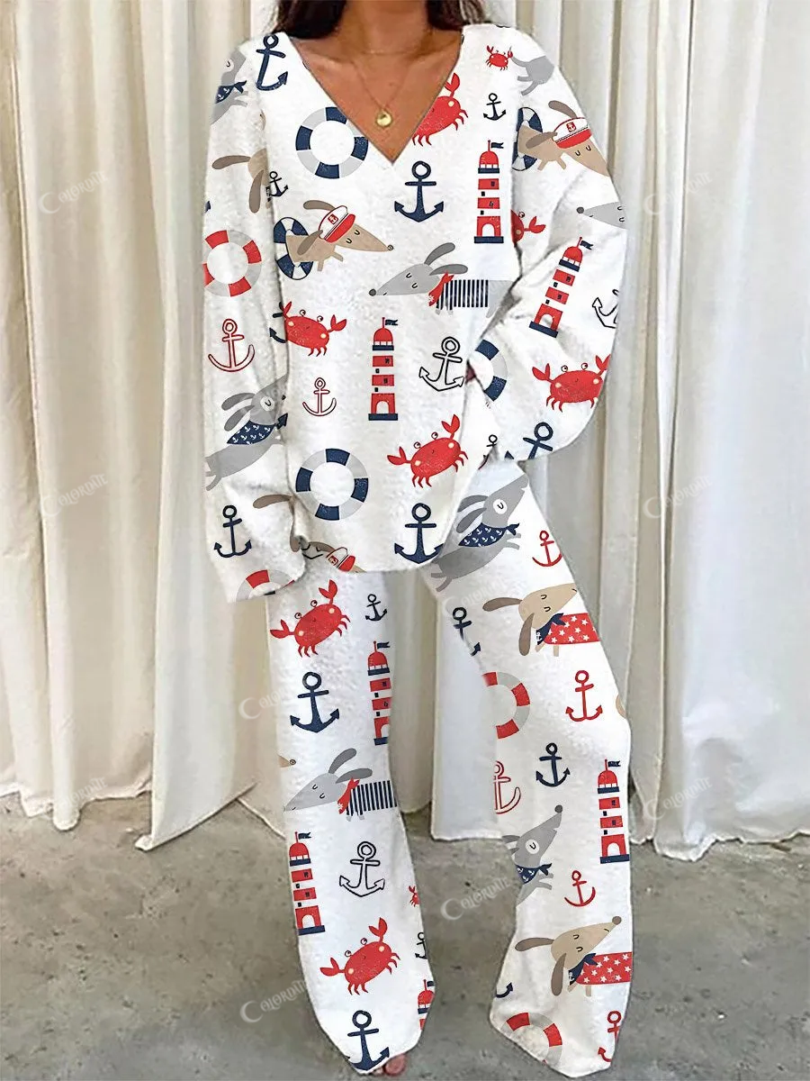 Women's Nautical Puppy Print V-Neck Suit