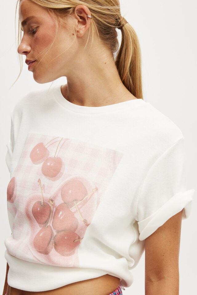 Women's Cherry Heart Print Round Neck Short Sleeve Tee
