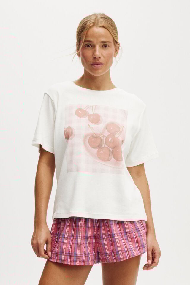 Women's Cherry Heart Print Round Neck Short Sleeve Tee