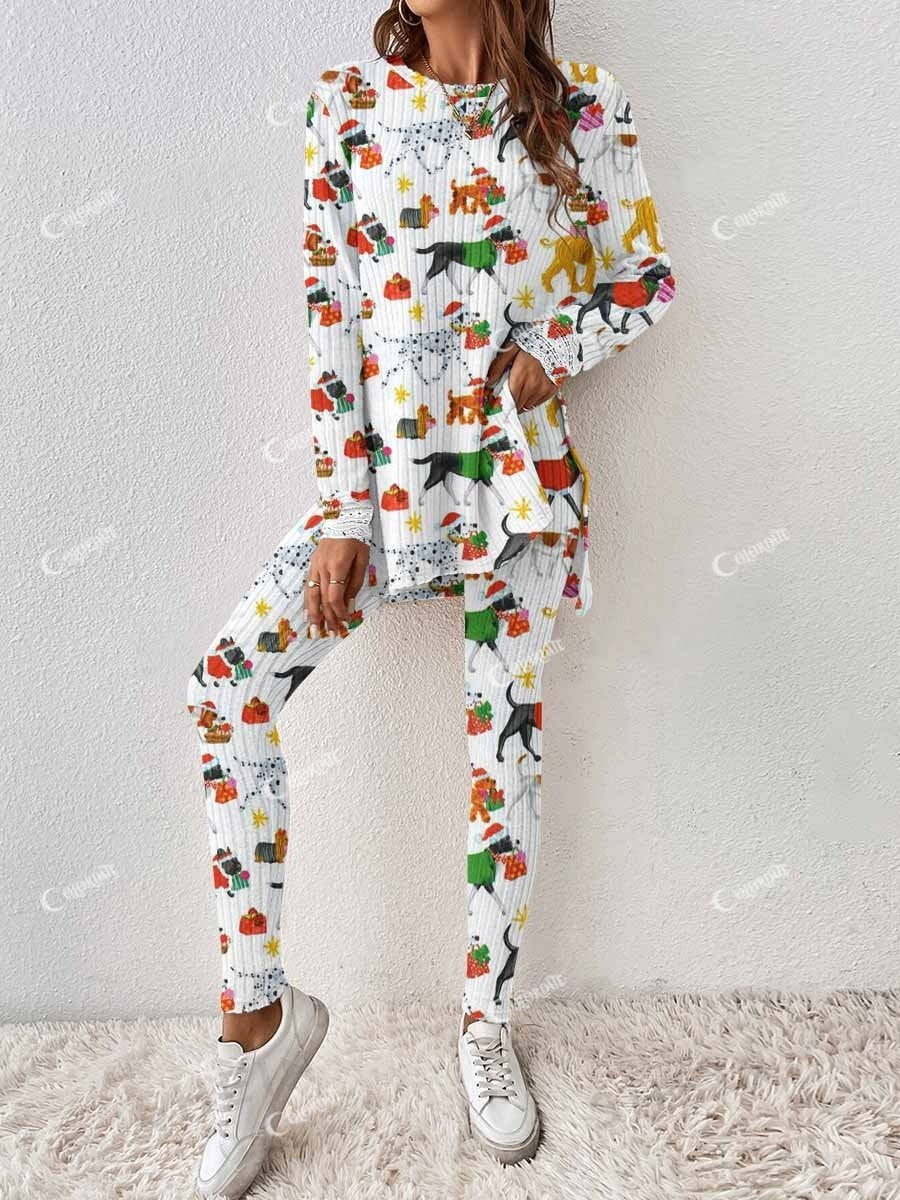 Women's Christmas Pet Dog Pattern Knitted Crew Neck Long Sleeve Suit