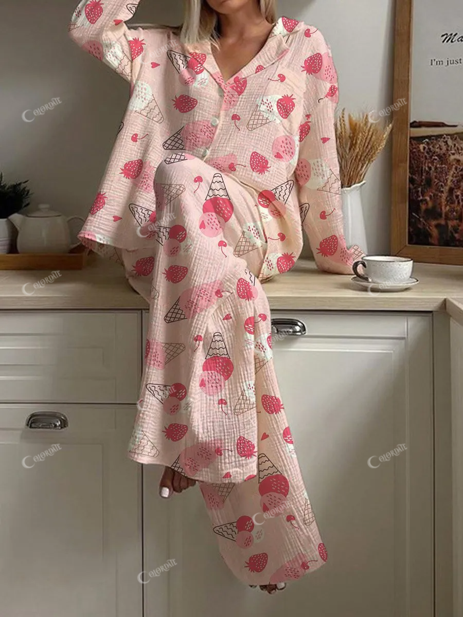 Women's Creative Ice Cream Pattern Long Sleeve Pants Suit