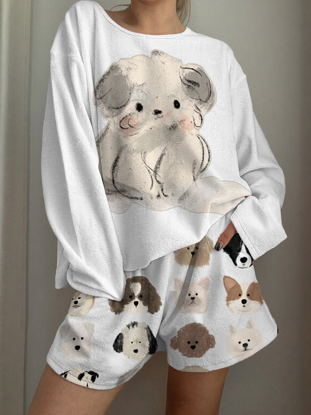 Cute Puppy Printed Long-Sleeved Shorts Loungewear Set