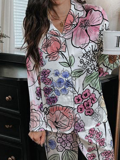 Women's Fun Floral Hand-Painted Long Sleeve Pants Set