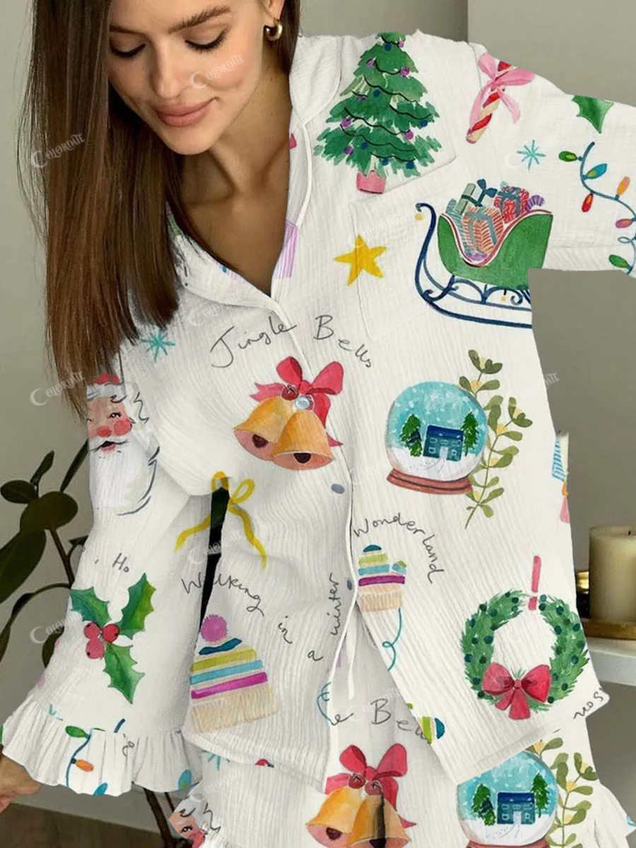 Women's Fun Christmas Cartoon Print Linen Cotton Suit