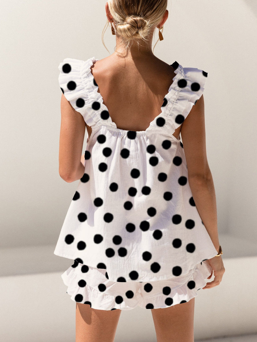 Black Polka Dot Print Ruffled Trim Short Tank Top Shorts Pajama Set
