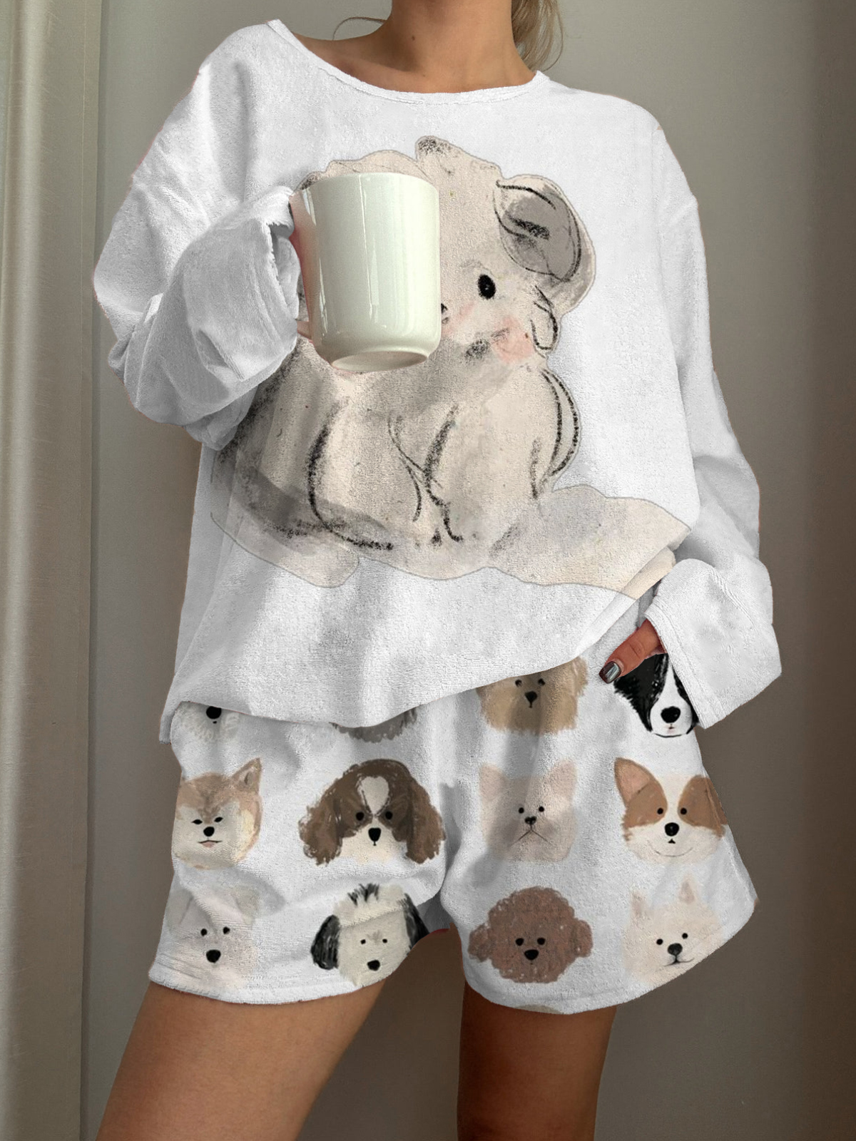 Cute Puppy Printed Long-Sleeved Shorts Loungewear Set