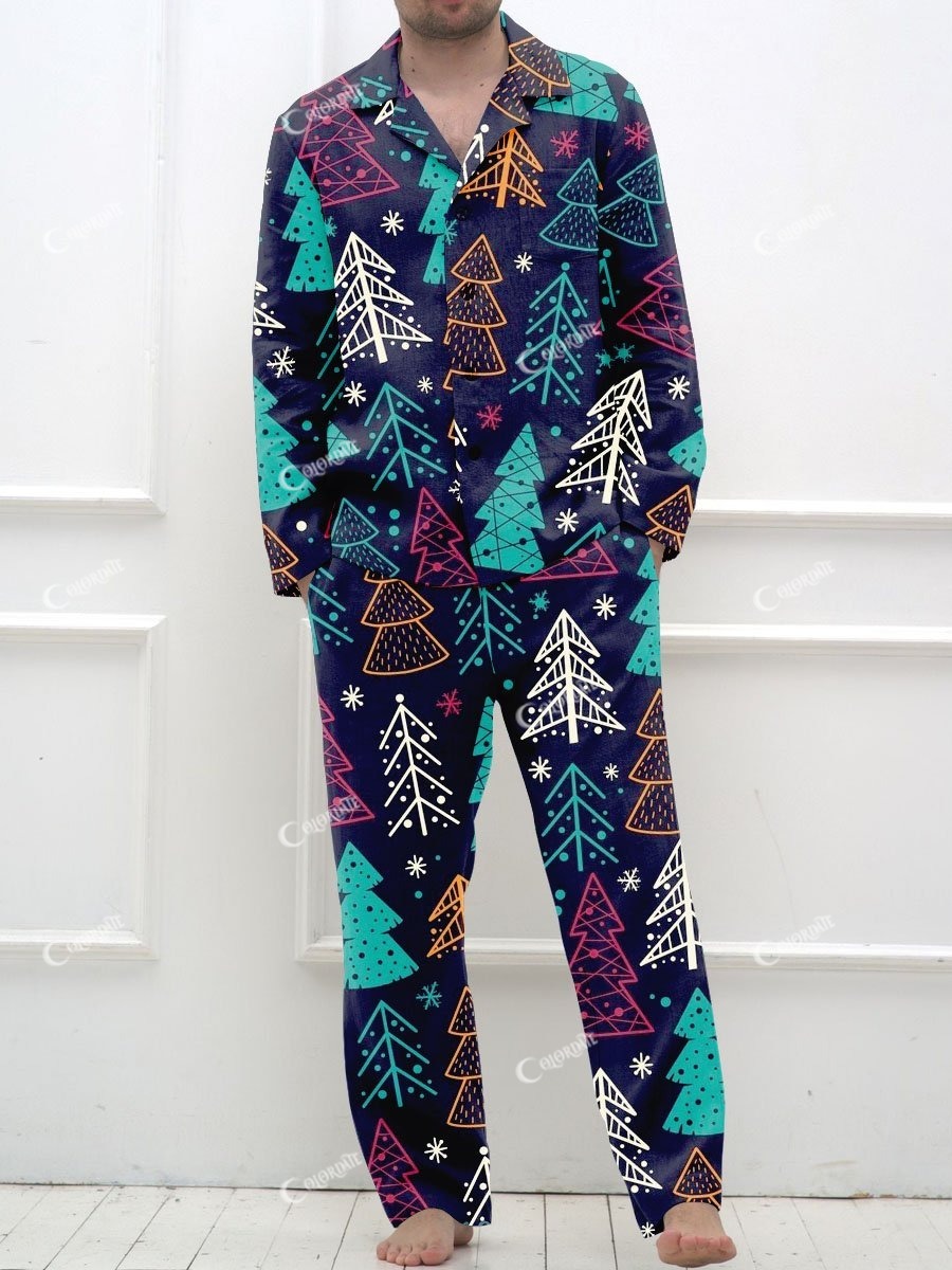 Men's Simple Navy Blue Christmas Tree Printed Cardigan Lounge Suit
