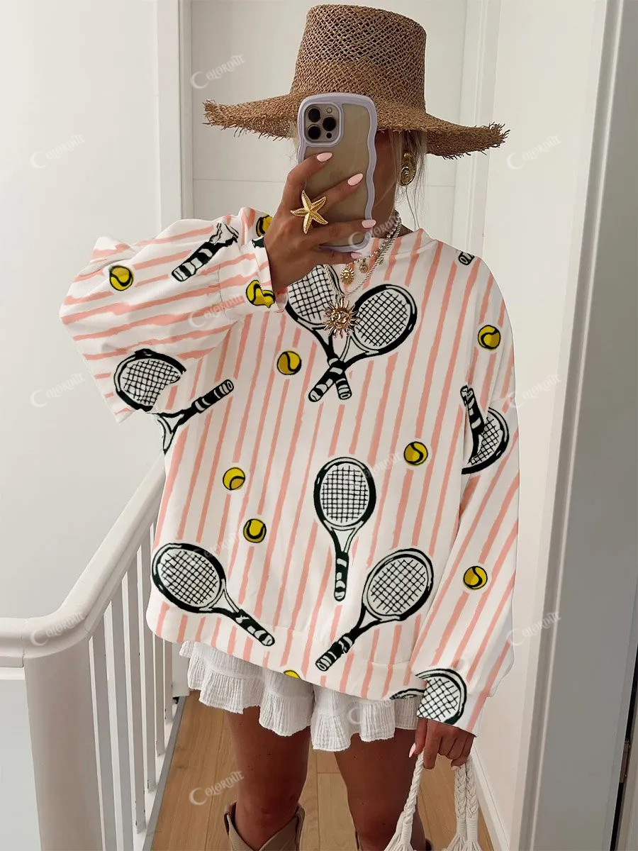 Women's Tennis Stripe Print Crewneck Sweatshirt