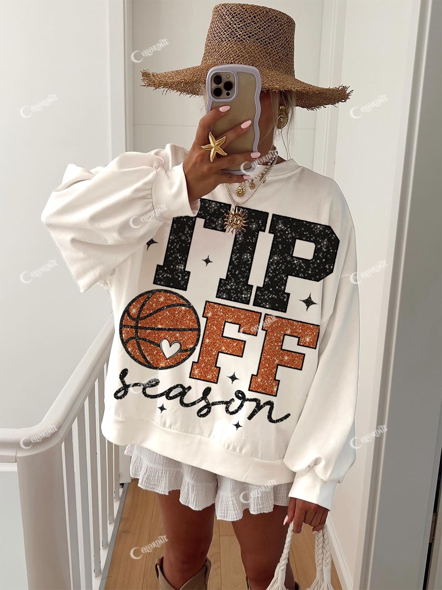 Women's Glitter Basketball Moments Printed Crew Neck Sweatshirt
