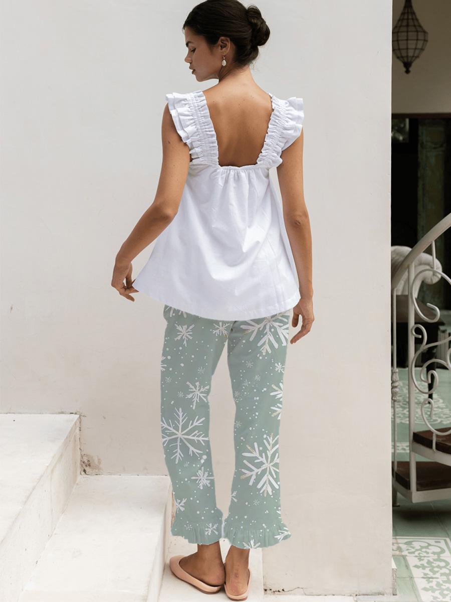 White & Green Leaf Print Tank Top Pajama Set