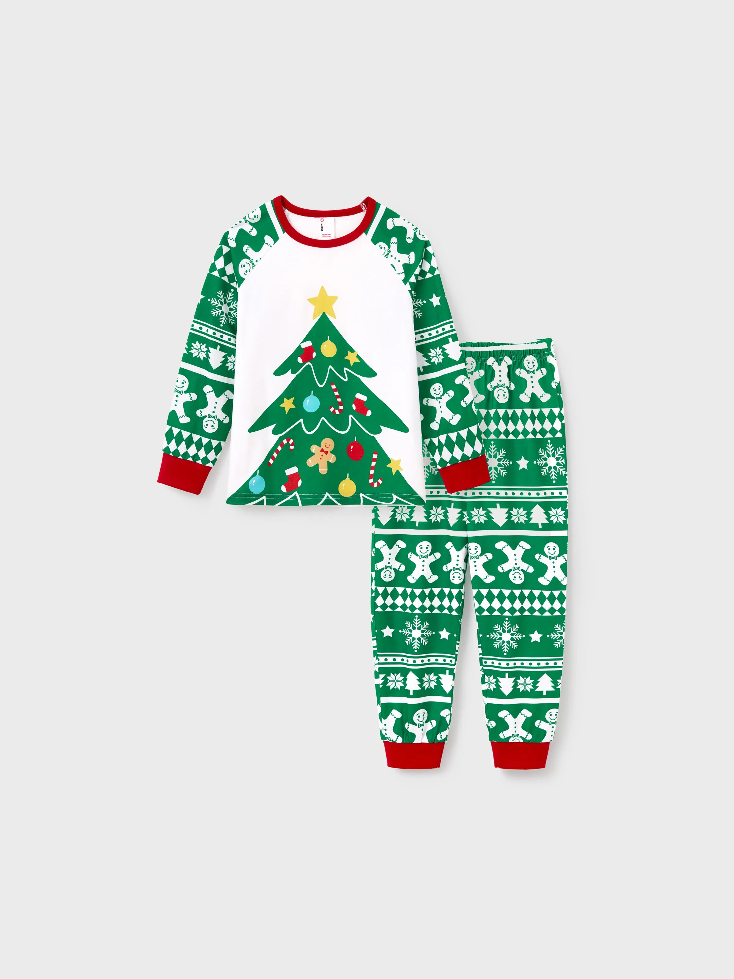 Christmas Matching Family Pajamas Set Gingerbread and Christmas Tree Print Green PJS
