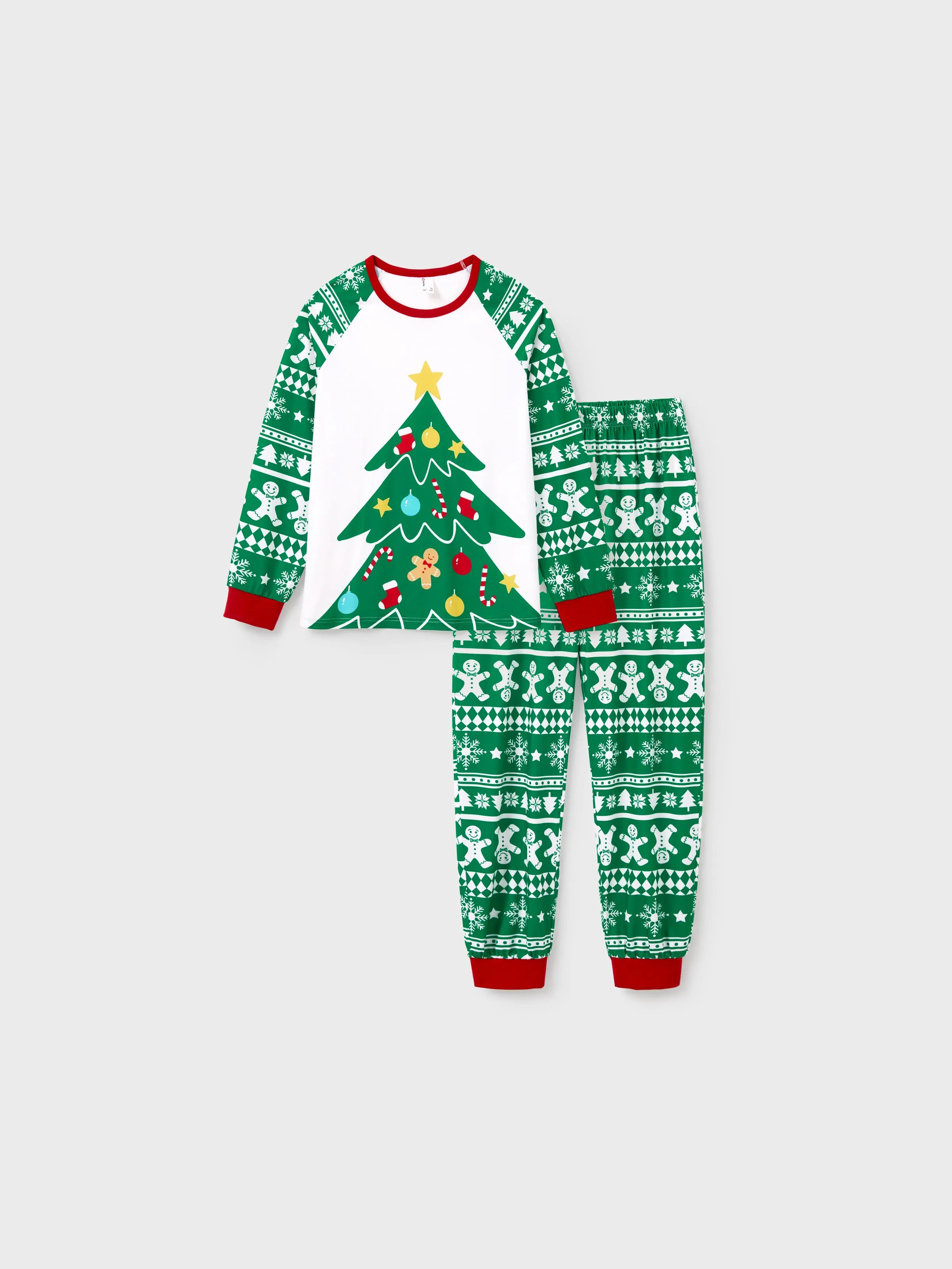 Christmas Matching Family Pajamas Set Gingerbread and Christmas Tree Print Green PJS