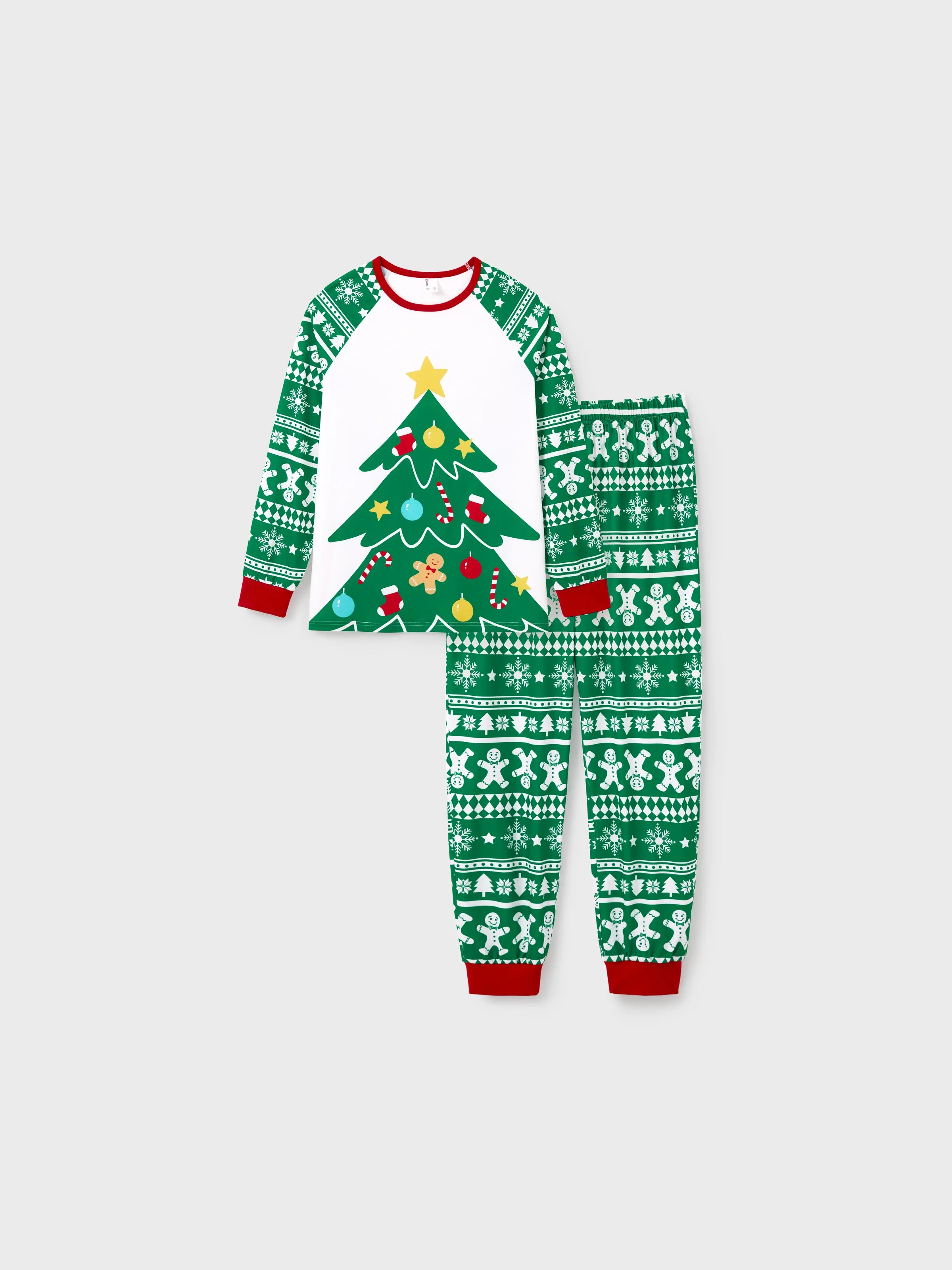 Christmas Matching Family Pajamas Set Gingerbread and Christmas Tree Print Green PJS