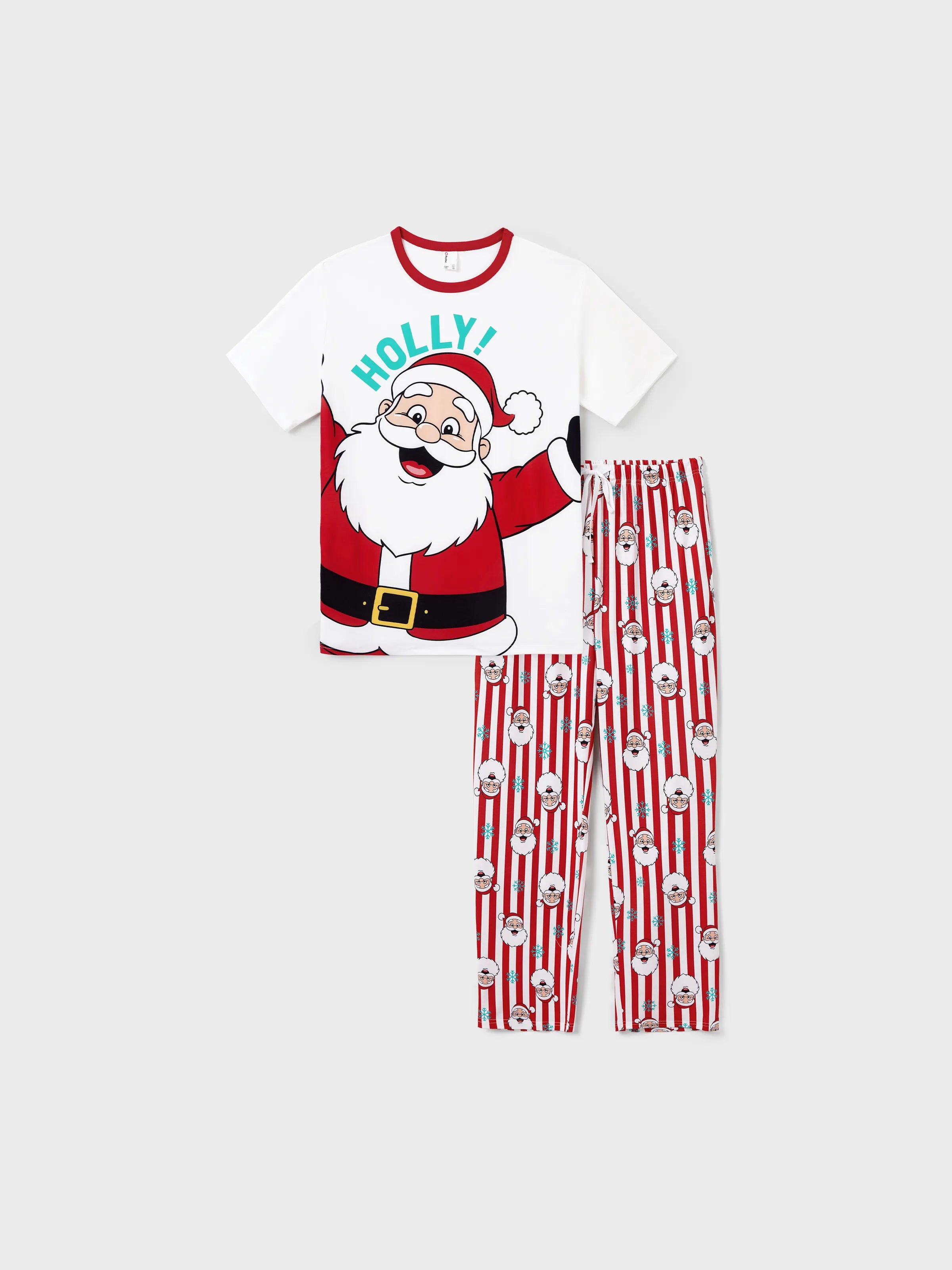 Christmas Matching Family Pajamas Set Santa Claus and Snowflakes Red Stripes PJS