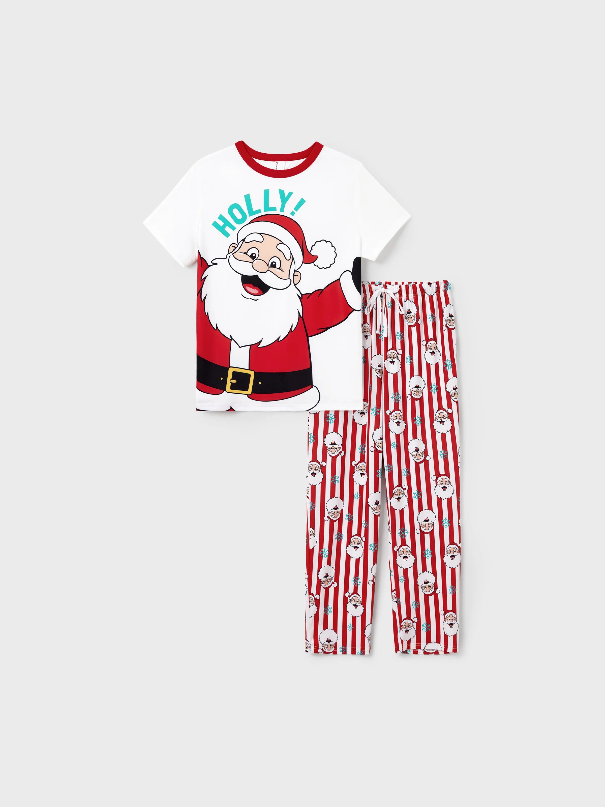 Christmas Matching Family Pajamas Set Santa Claus and Snowflakes Red Stripes PJS