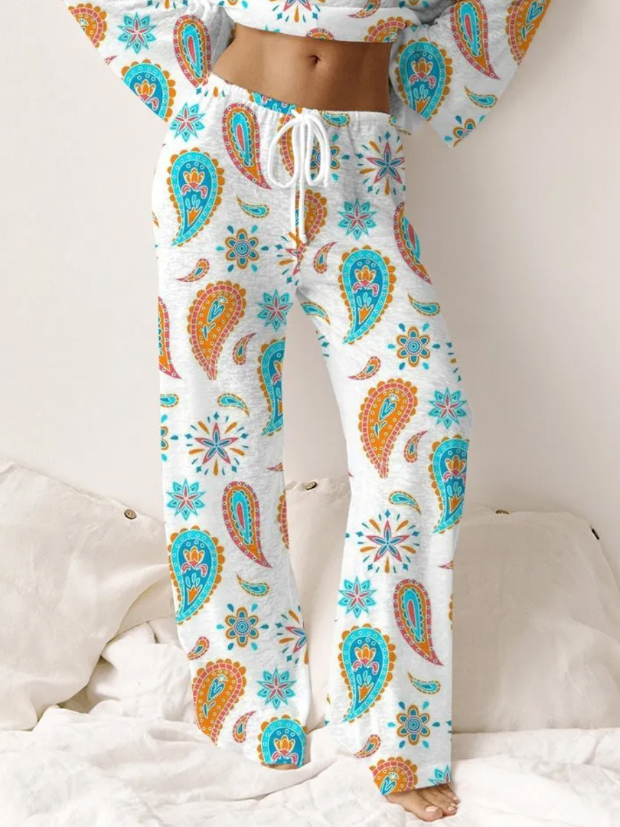 Women's Bohemian Paisley Long Sleeve Trousers Round Neck Suit