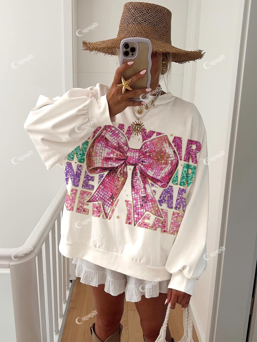 Women's Glitter Pink Bow Happy New Year Printed Sweatshirt