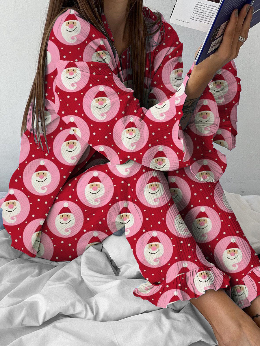 Women's Christmas Santa Polka Dot Long Sleeve V-Neck Suit
