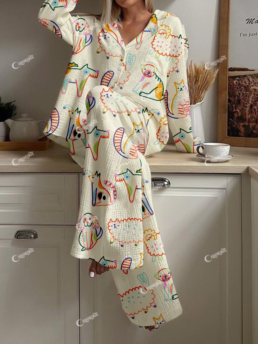 Women's Beige Minimalist Animal Graffiti Print Cotton Cardigan Homewear Set