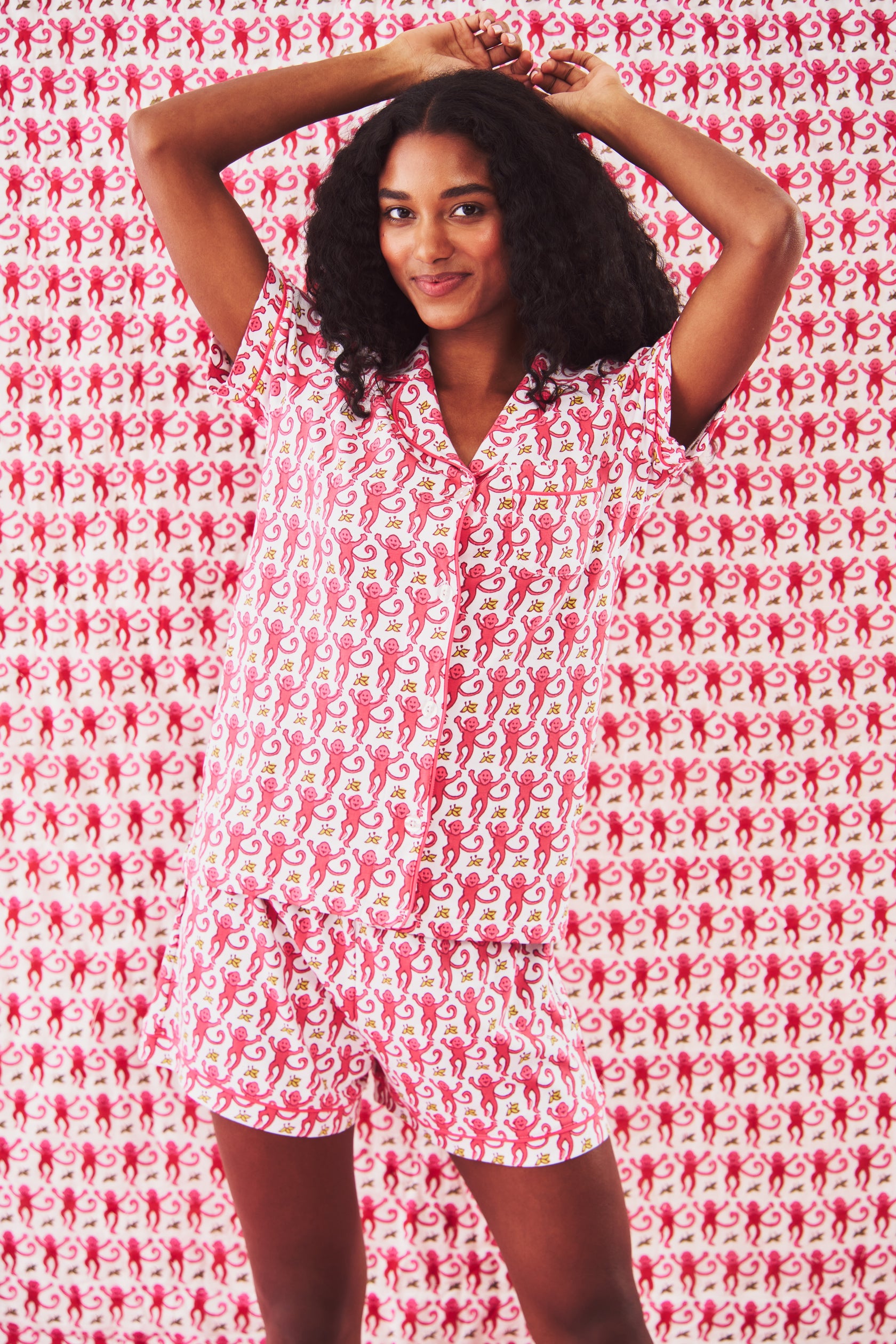 Monkey Print Pajamas Set Pink Cotton Homewear Set