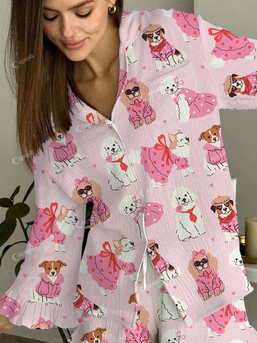 Women's Pink Cute Animal Art Painting Printed Home Long Sleeve Suit
