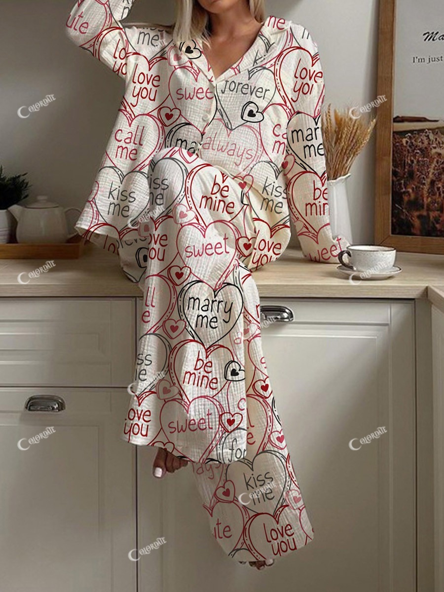 Women's Valentine's Day Art Painting Print Home Long Sleeve Suit