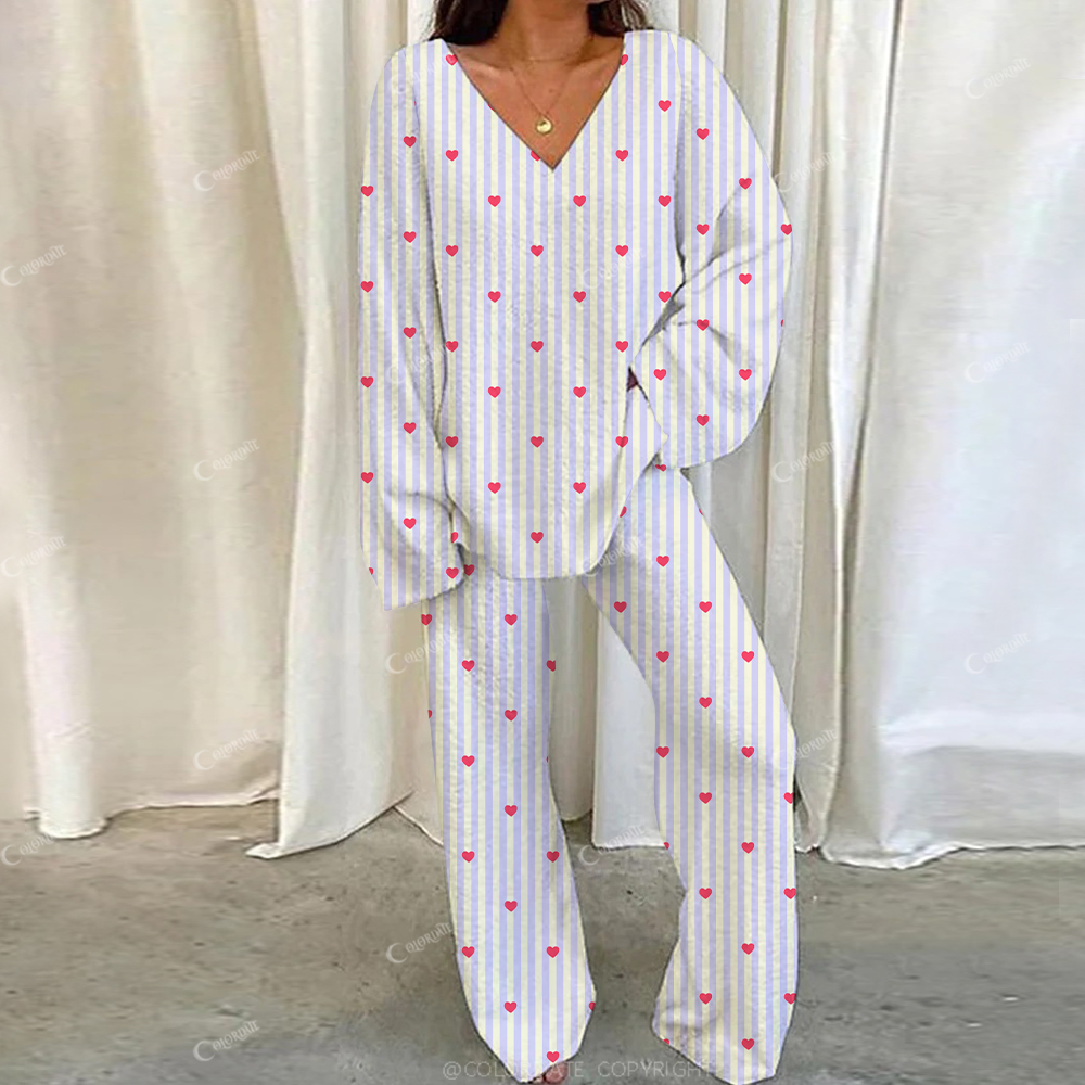 Colordate Casual Striped Hearts Loungewear Set For Women
