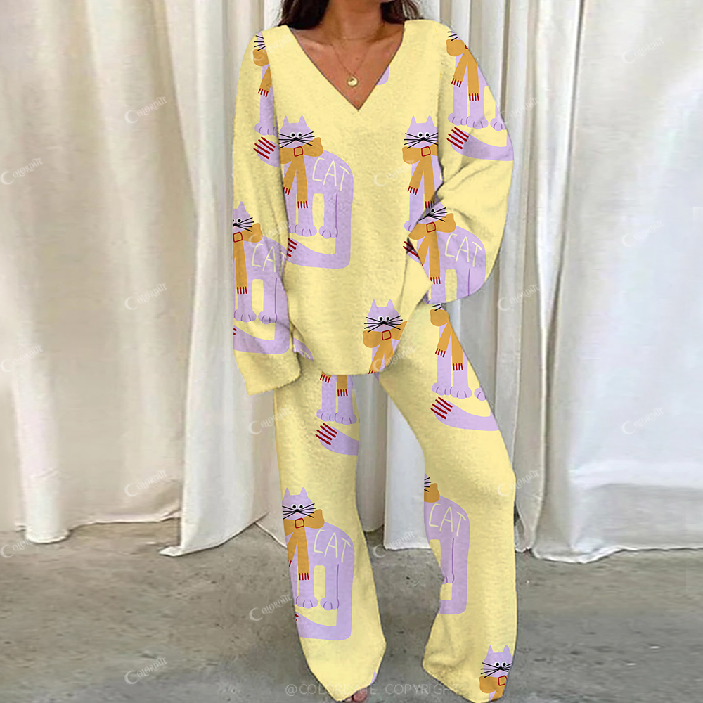 Colordate Casual Kitten Wearing Scarf Printed Loungewear Set For Women