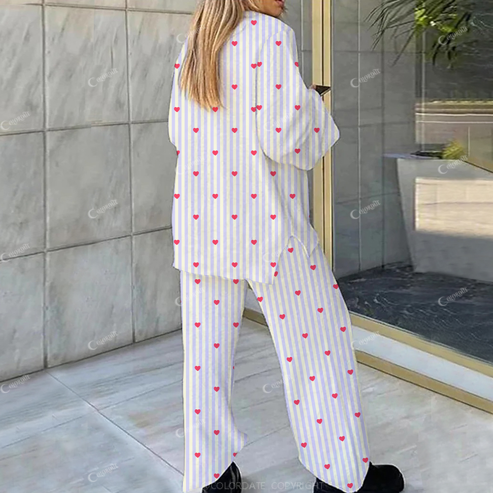 Colordate Casual Striped Hearts Loungewear Set For Women