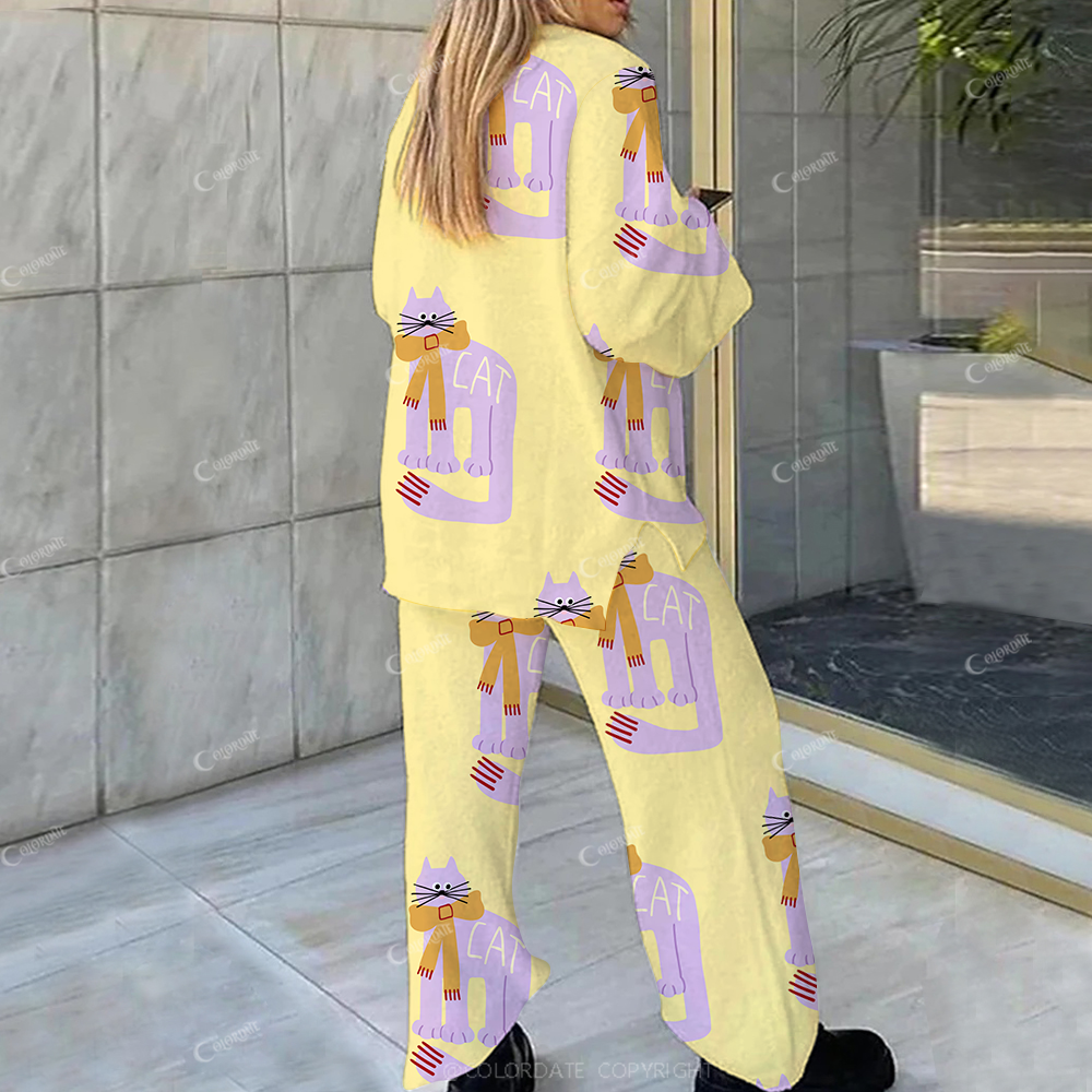 Colordate Casual Kitten Wearing Scarf Printed Loungewear Set For Women