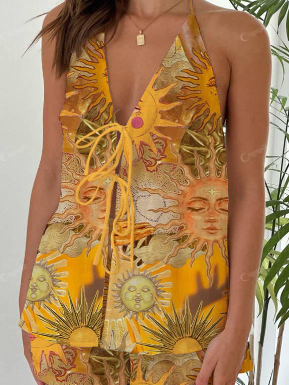 Human Face Of The Sun Print Halter Neck Tie-Up Top And Shorts Suit