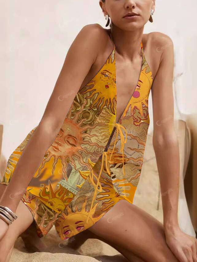Human Face Of The Sun Print Halter Neck Tie-Up Top And Shorts Suit