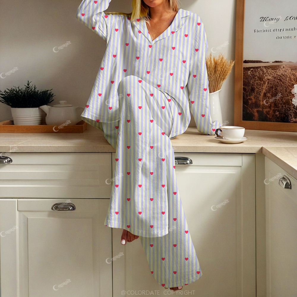 Colordate Women's Striped Hearts Print Cotton Cardigan Homewear Set