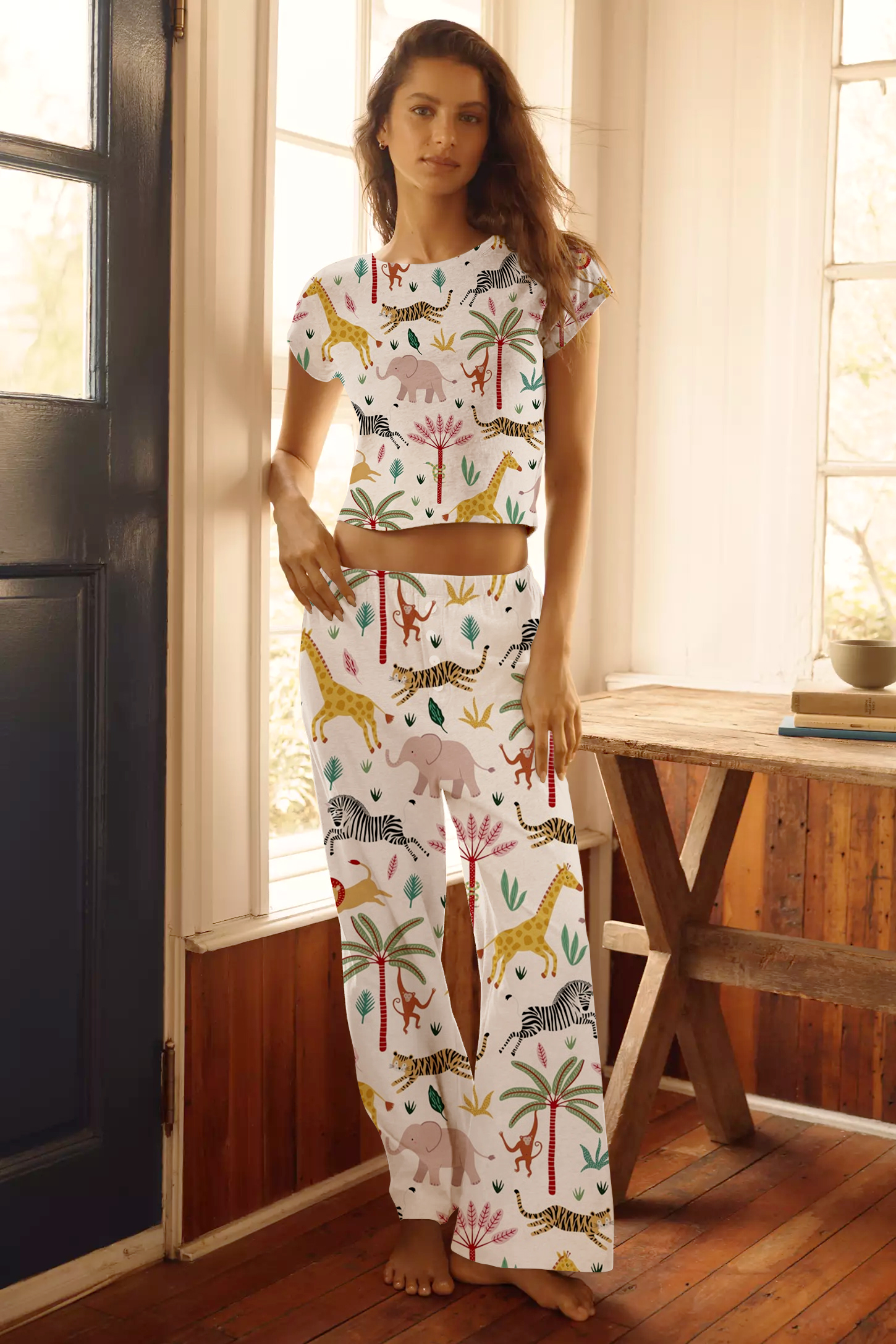 Cute Little Animals Printed Tee Long Pants Loungewear Set
