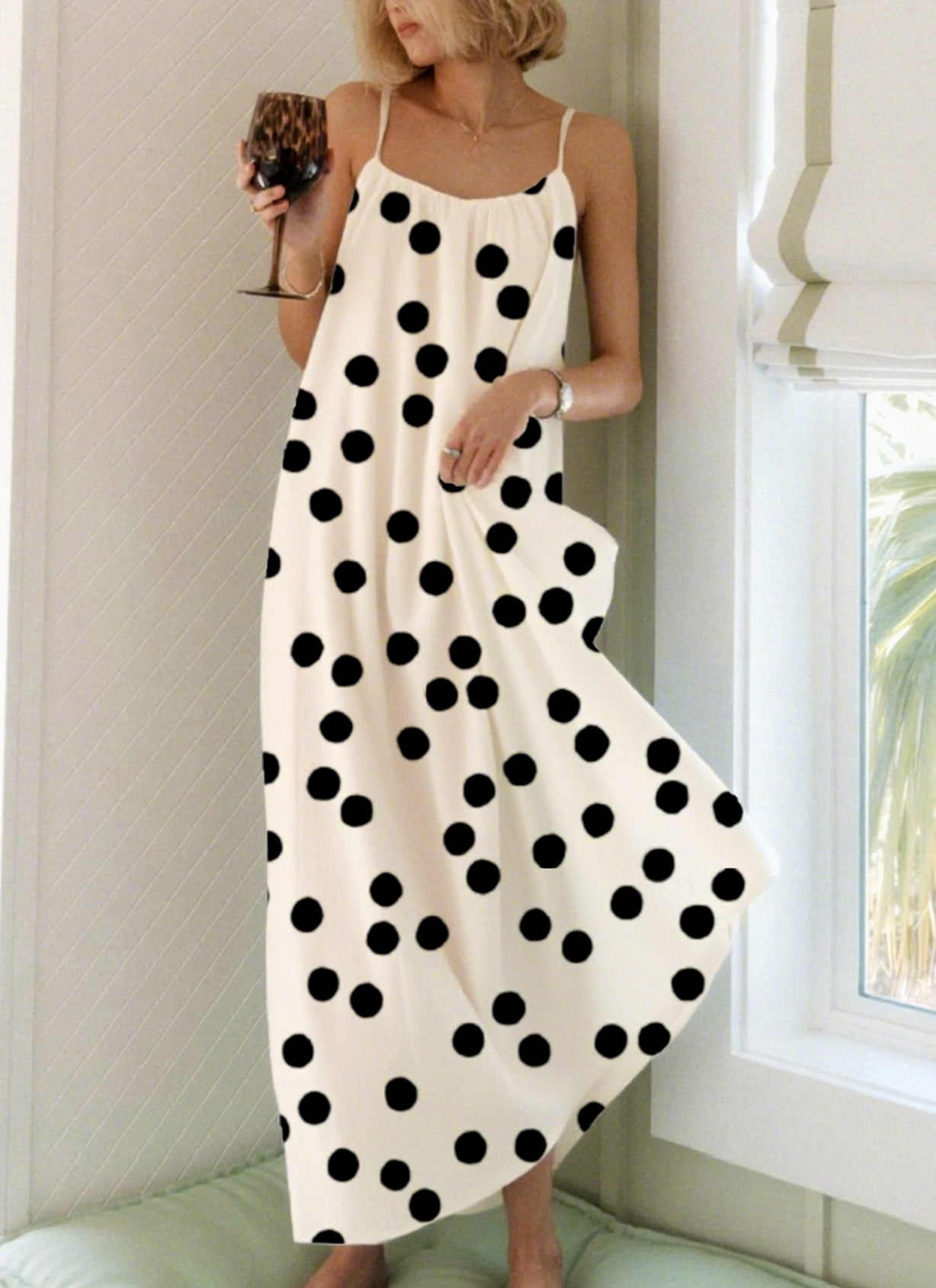 Black Polka Dots Printed Long Neckline Pleated Nightgown