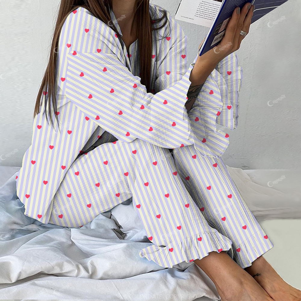 Colordate Women's Striped Hearts Printed Linen Cotton Suit